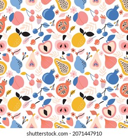 Abstract seamless pattern with fruits, berries and leaves. The hand draws the texture. Vector template for postcards, fabric.  Fruit pattern isolated on white background. Delicate pastel colors. 