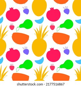 Abstract seamless pattern with fruits and berries. Summer. Food background. Pineapple. Strawberry. Apple. Oranges. Grapes. Endless print silhouette texture - vector EPS