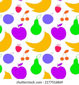 Abstract seamless pattern with fruits and berries. Summer. Food background. Strawberry. Apple. Oranges. Grapes. Banana. Endless print silhouette texture - vector EPS