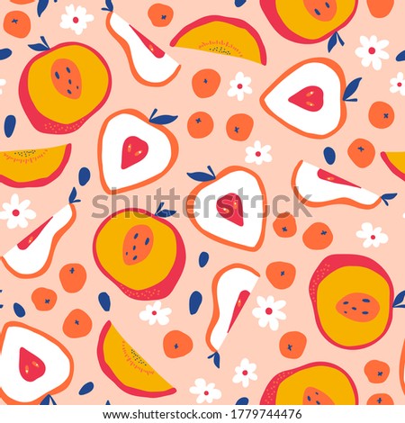 Abstract seamless pattern with fruits and berries. Hand drawn texture in vector. Design for paper, fabric, interior decor and others