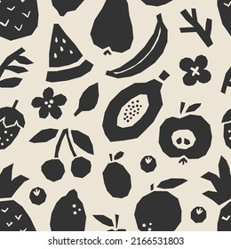 Abstract seamless pattern with fruits collage, cut paper