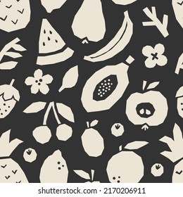 Abstract seamless pattern with fruits collage, cut paper