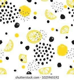 Padrão abstrato sem costura com frutas e pontos. Ilustração vetorial amarelo, preto e branco cores.