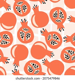 Abstract seamless pattern with fruits, pomegranate on a mesh background. Hand drawn fruits and sliced ​​pieces. Summer tropical endless background with pomegranate. Vector pattern. Pastel colors.