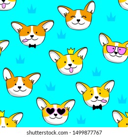 Abstract seamless pattern with funny dog corgi. Fashion illustration in modern style. Bright print