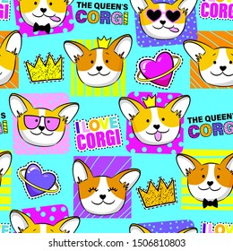 Abstract seamless pattern with funny dog corgi. Fashion illustration in modern style. Bright print