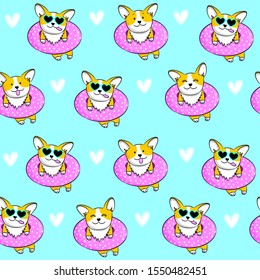 Abstract seamless pattern with funny dog corgi in swimming pool. Fashion illustration in modern style. Bright print for little girl 