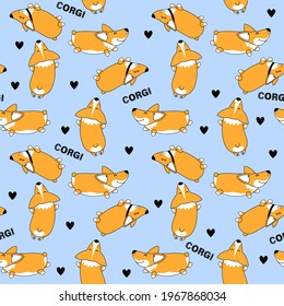 Abstract seamless pattern with funny dog corgi and hearts. Fashion illustration in modern style. 