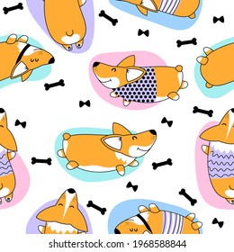 Abstract seamless pattern with funny dog corgi. Fashion illustration in modern style. 