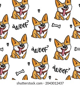 Abstract seamless pattern with funny dog corgi. Fashion print in modern style. 