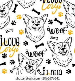 Abstract seamless pattern with funny dog corgi. Fashion illustration in modern style. 