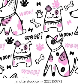 Abstract seamless pattern with funny dog corgi. Fashion illustration in modern style. 