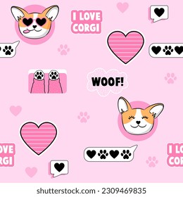 Abstract seamless pattern with funny dog corgi. Fashion illustration in modern style. Bright print