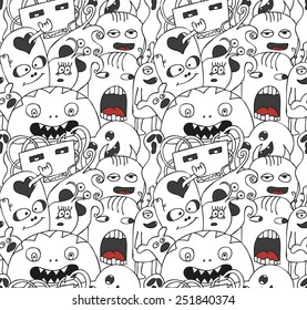 Abstract seamless pattern with funny monsters in black and white colors. Vector illustration. 