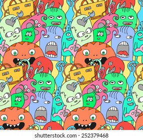 Abstract seamless pattern with funny monsters in bright colors. Vector illustration.