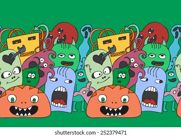 Abstract seamless pattern with funny monsters in bright colors. Vector illustration.