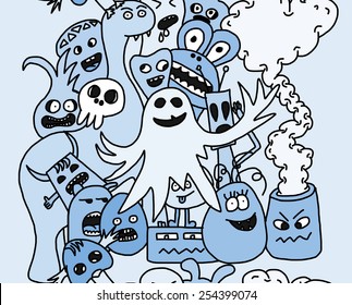 Abstract seamless pattern with funny monsters  in blue colors. Vector illustration.