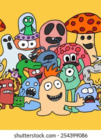 Abstract seamless pattern with funny monsters in bright colors. Vector illustration.
