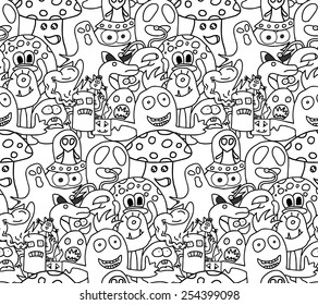 Abstract seamless pattern with funny monsters in black and white colors. Vector illustration. 