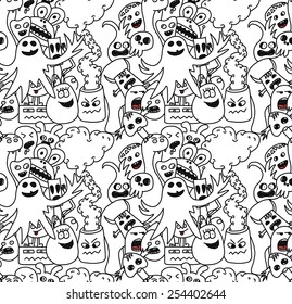 Abstract seamless pattern with funny monsters in black and white colors. Vector illustration.