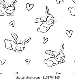 Abstract seamless pattern with funny rabbit girl, bow on top of head, fly hearts. Monochrome repeating wallpaper for child. baby pet animal.  black and white Valentine's day repeated backdrop