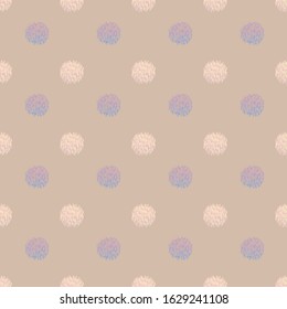 Abstract seamless pattern with fuzzy dots and dandelions. Vector illustration in shades of lilac, pink, cream, blue, tan and cream for fashion, home decor, clothing, wallpaper, gift wraps.