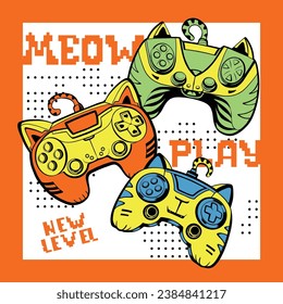 Abstract seamless pattern with gamepad cat illustration. Cartoon gamepads monster character. Digital background end text Meow, play, new level.