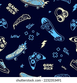 Abstract seamless pattern with gamepad illustration, skateboard, pizza slice, Snickers on blue background.  Gaming repeat print with text Game over, new level, wow. Teenager things cover ornament.