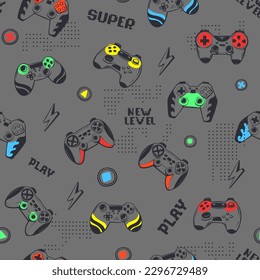 Abstract seamless pattern with gamepad illustration, text New level, play, super. Digital gaming repeat ornament. Gamepad print on grey background. Gaming cover ornament for sport textile, boy clothes