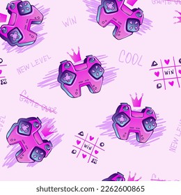 Abstract seamless pattern with gamepads, crown, tic tac toe sign, text game over, cool, win, new level. Repeat print for queen of gaming. Gamer princess repeated ornament. Girlish gaming wallpaper
