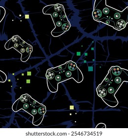 Abstract seamless pattern with gamepads illustration on digital background, thunder lines wall. Energy wall and game pad print for boy textile, clothes, wrapping paper. Joystick ornament