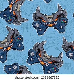 Abstract seamless pattern with gamepads monster. Gaming repeat print. Gamer ornament with gamepad monster.