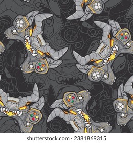 Abstract seamless pattern with gamepads monster on grey digital background. Gaming repeat print with devil monsters. Gamer ornament with gamepad