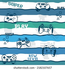 Abstract seamless pattern with  gamepads on linear repeat bakground. Game pad repeat print for tenagers textile, sport clothes, wrapping paper.