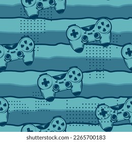 Abstract seamless pattern with gamepads on endless linear background. Gaming repeat print. Gamer cover illustration for sport textile, fashion clothes, wrapping paper