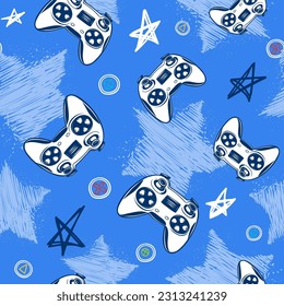 Abstract seamless pattern with gamepads on endless grunge stars background in blue colors. Gaming repeat print. Gamer cover illustration for sport textile, fashion clothes, wrapping paper. Game over