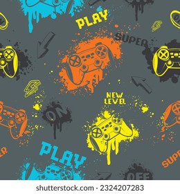 Abstract seamless pattern with gamepads on grunge background with spray paint ink, splatter, text play, new level, super. Gaming repeated ornament for sport textile, boy clothes, wrapping paper