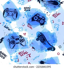 Abstract seamless pattern with gamepads and skateboards on watercolor spots background. Cartoon game pads linear illustration. Gaming repeat print. Game over, New level hand written text.