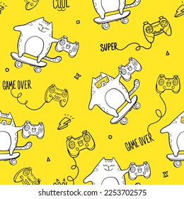 Abstract seamless pattern with gamer cat on skateboard outline Illustration. Game pad repeat print. Cover game pad repeated ornament. Cartoon kitten endless wrapping paper on yellow background