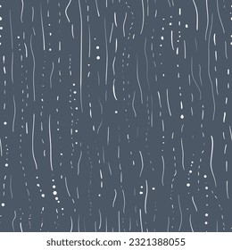 Abstract seamless pattern of gentle white lines and dots on gray blue background. Artistic minimalist surface design for printing on textiles.