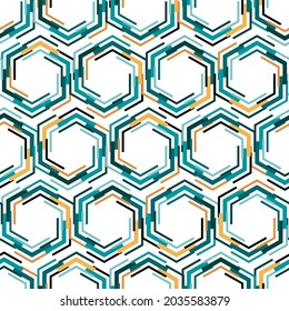 Abstract seamless pattern. Geometric background. Repeated geometry texture. Geometrical teal, orange color printed. Repeating geo line pattern. Hexagon printing for design prints. Vector illustration