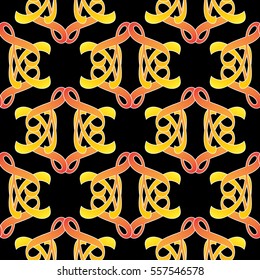 Abstract seamless pattern. Geometric black  background. Vector ornate texture.Decorative floral yellow orange ornament.