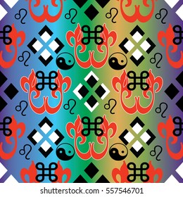 Abstract seamless pattern. Geometric colorful  background. Vector ornate texture.Decorative flowers. symbols,rhombus, tribal ornaments..