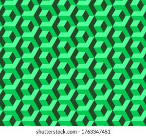 Abstract seamless pattern of geometric cubes. Green color. 3D vector background. Modern stylish texture