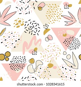 Abstract seamless pattern with geometric elements, triangles, different lines, dots and shapes. Vector Hand-drawn illustration.