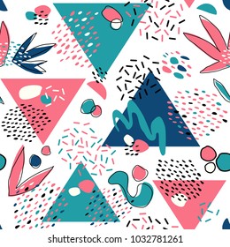 Abstract seamless pattern with geometric elements, triangles, different lines, dots and shapes. Vector Hand-drawn illustration.