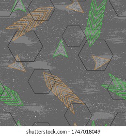 Abstract seamless pattern with geometric elements. Arrow, lightning, hexagon, spray effect, grunge texture. Extreme sport style illustration. Trendy urban colorful background.