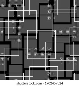 Abstract seamless pattern with geometric elements. White and gray squares on black background.
