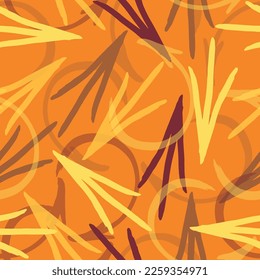 Abstract seamless pattern with geometric elements, arrows, curved stripes, triangles, squares.