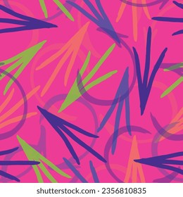 Abstract seamless pattern with geometric elements, arrows, curved stripes, triangles, squares.